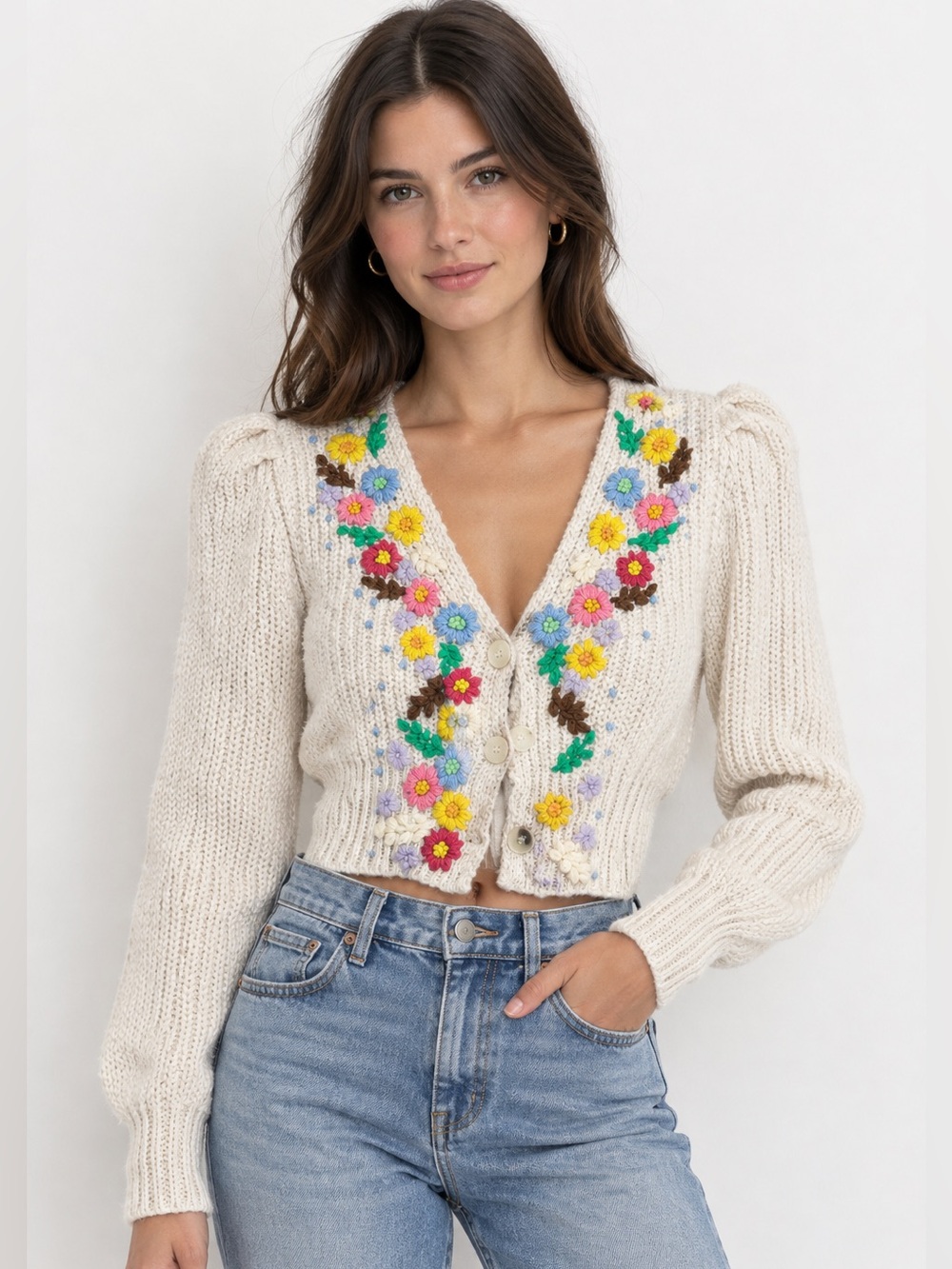 CeliaB knit floral mohair and wool crop cardigan NWOT